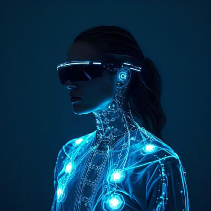 A futuristic depiction of a person wearing advanced wearable devices the future, with glowing lights and a high-tech suit, representing the evolution of wearable technology.