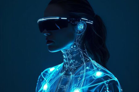 A futuristic depiction of a person wearing advanced wearable devices the future, with glowing lights and a high-tech suit, representing the evolution of wearable technology.