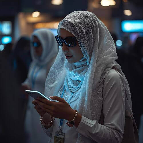 A woman wearing a white hijab and sunglasses, holding a smartphone, symbolizing the integration of wearable devices the future in everyday life, enhancing communication and connectivity