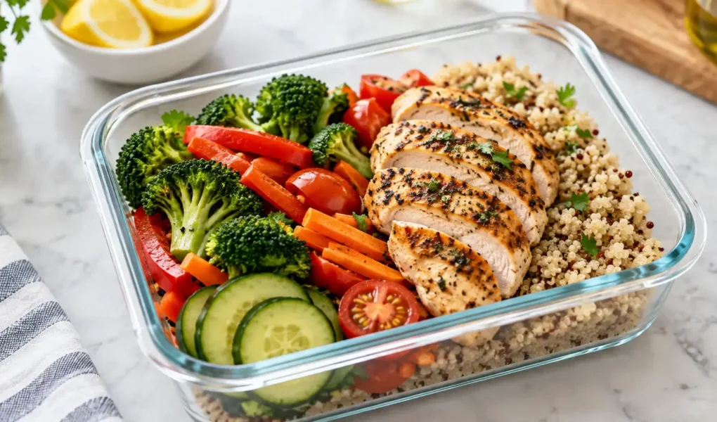 A neatly packed lunch container with a protein, vegetables, and a grain, sitting on a kitchen counter, bright and appetizing, no identifiable brand logos.yes or no to eating the same lunch every day featured image.
