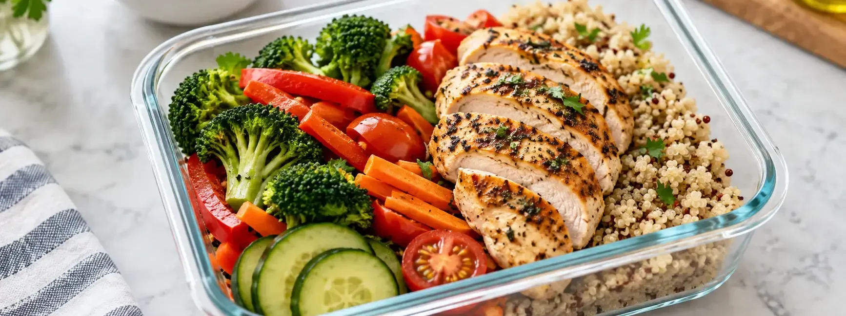 A neatly packed lunch container with a protein, vegetables, and a grain, sitting on a kitchen counter, bright and appetizing, no identifiable brand logos.yes or no to eating the same lunch every day featured image.