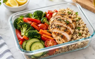 A neatly packed lunch container with a protein, vegetables, and a grain, sitting on a kitchen counter, bright and appetizing, no identifiable brand logos.yes or no to eating the same lunch every day featured image.