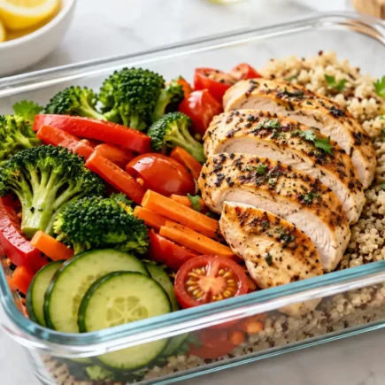 A neatly packed lunch container with a protein, vegetables, and a grain, sitting on a kitchen counter, bright and appetizing, no identifiable brand logos.yes or no to eating the same lunch every day featured image.