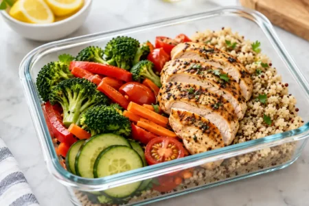 A neatly packed lunch container with a protein, vegetables, and a grain, sitting on a kitchen counter, bright and appetizing, no identifiable brand logos.yes or no to eating the same lunch every day featured image.