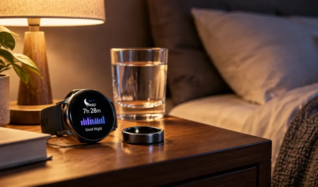 A smartwatch or sleep tracking ring resting on a nightstand next to a glass of water, soft warm lamp light, calm bedroom setting, no identifiable brand logos.yes or no to wearing a sleep tracker every night featured image.