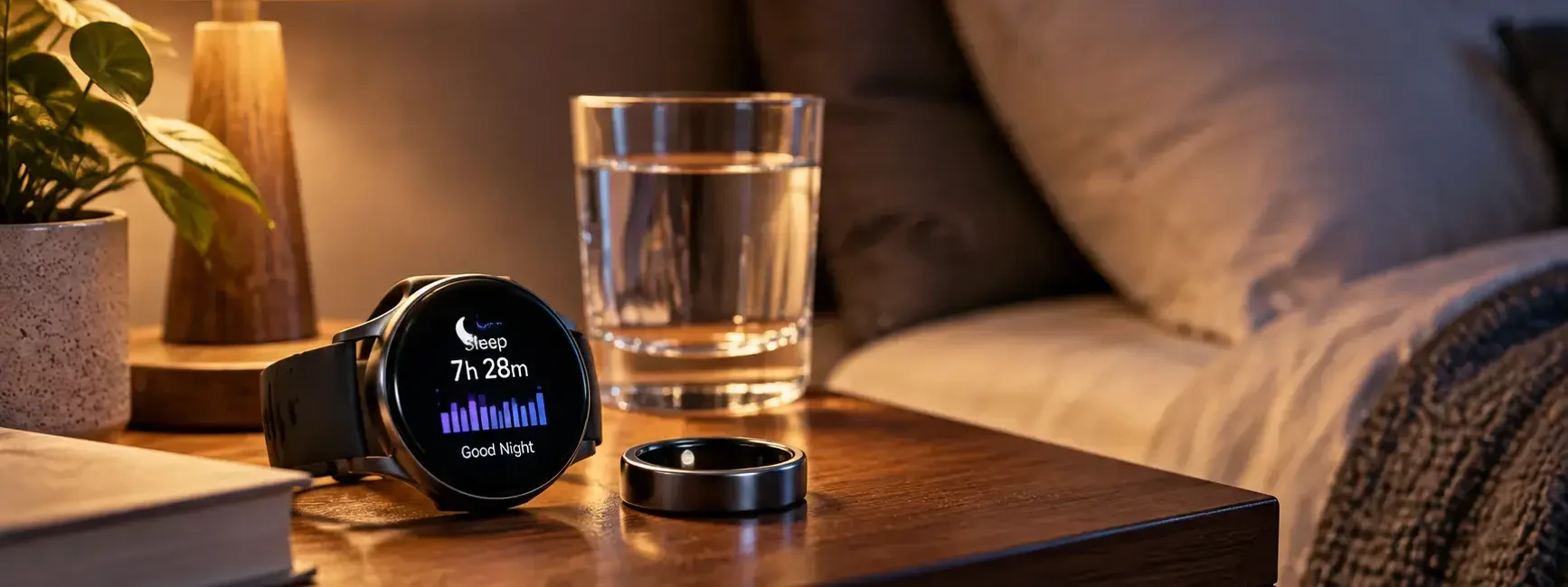 A smartwatch or sleep tracking ring resting on a nightstand next to a glass of water, soft warm lamp light, calm bedroom setting, no identifiable brand logos.yes or no to wearing a sleep tracker every night featured image.