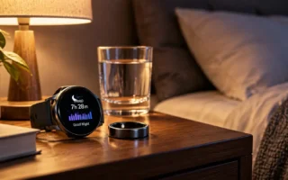 A smartwatch or sleep tracking ring resting on a nightstand next to a glass of water, soft warm lamp light, calm bedroom setting, no identifiable brand logos.yes or no to wearing a sleep tracker every night featured image.