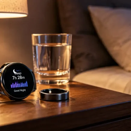 A smartwatch or sleep tracking ring resting on a nightstand next to a glass of water, soft warm lamp light, calm bedroom setting, no identifiable brand logos.yes or no to wearing a sleep tracker every night featured image.