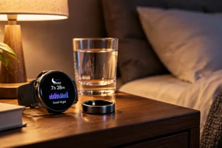 A smartwatch or sleep tracking ring resting on a nightstand next to a glass of water, soft warm lamp light, calm bedroom setting, no identifiable brand logos.yes or no to wearing a sleep tracker every night featured image.