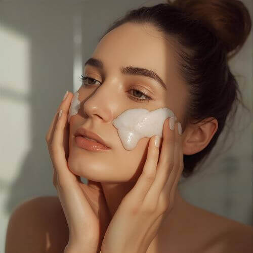 A woman gently cleansing her face with foam as part of her DIY skincare routine, enjoying the benefits of natural skincare.