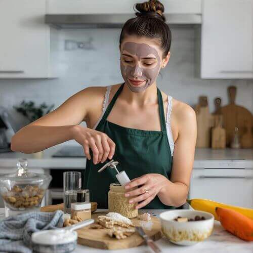 A woman mixing natural ingredients in her kitchen, preparing a homemade face mask as part of her DIY skincare routine.