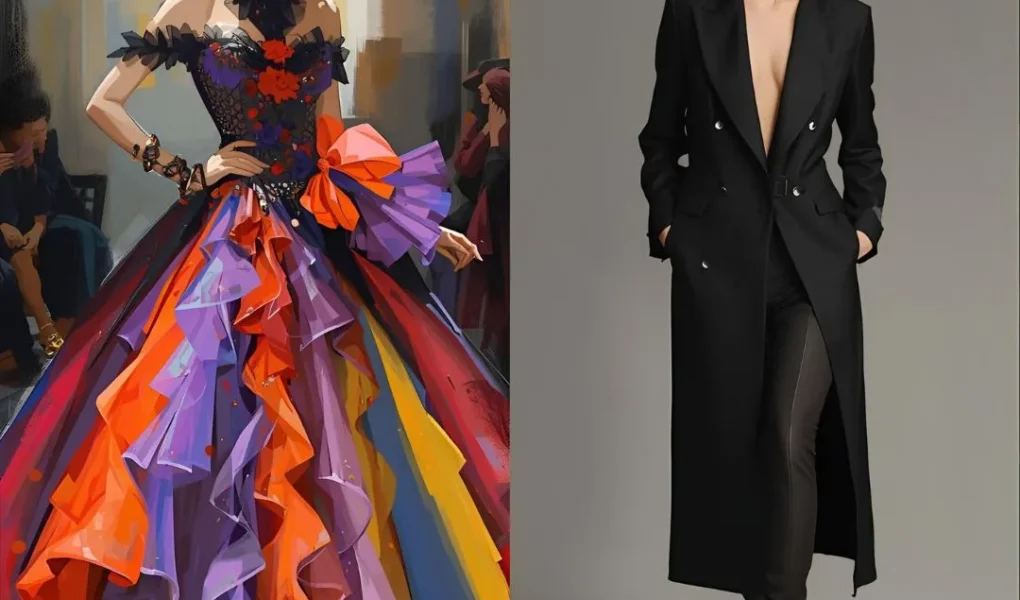 A comparison of extravagant formal outfits, one colorful gown and one sleek black coat, representing overdressed fashion choices for different occasions. Yes vs No - Overdressing for social events.