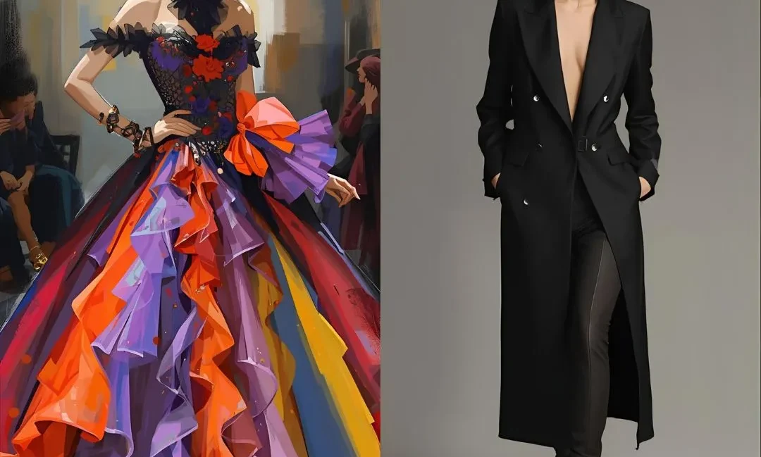 A comparison of extravagant formal outfits, one colorful gown and one sleek black coat, representing overdressed fashion choices for different occasions. Yes vs No - Overdressing for social events.