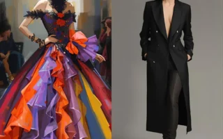 A comparison of extravagant formal outfits, one colorful gown and one sleek black coat, representing overdressed fashion choices for different occasions. Yes vs No - Overdressing for social events.