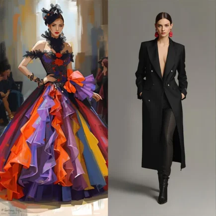 A comparison of extravagant formal outfits, one colorful gown and one sleek black coat, representing overdressed fashion choices for different occasions. Yes vs No - Overdressing for social events.
