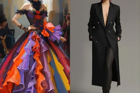 A comparison of extravagant formal outfits, one colorful gown and one sleek black coat, representing overdressed fashion choices for different occasions. Yes vs No - Overdressing for social events.