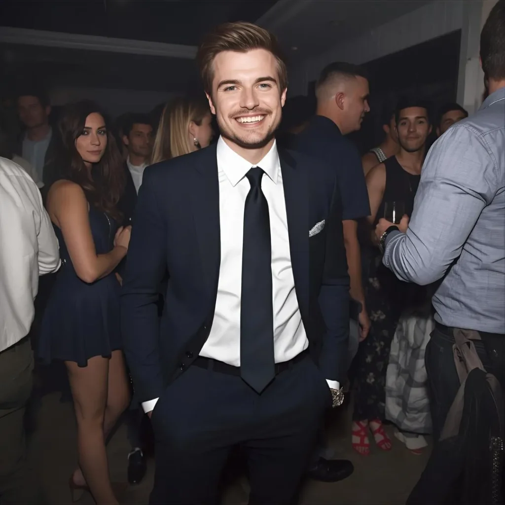 A man smiling confidently in a formal suit at a party, standing out among casual dressers. Yes vs No - The effect of overdressed at a party.