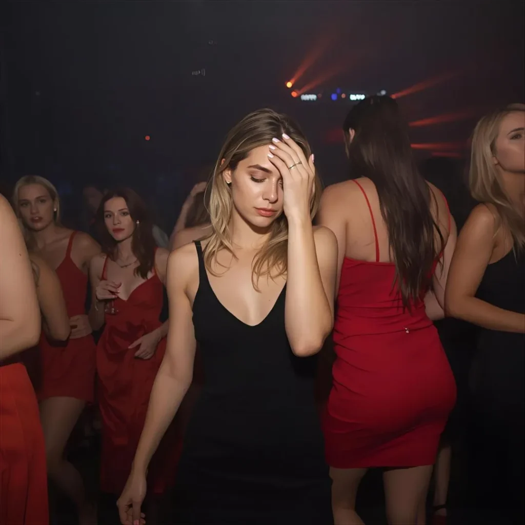A woman looking self-conscious at a party, overdressed in a black dress while others wear red dresses, highlighting the awkwardness of overdressing at a party. Yes vs No - Overdressing for a party.