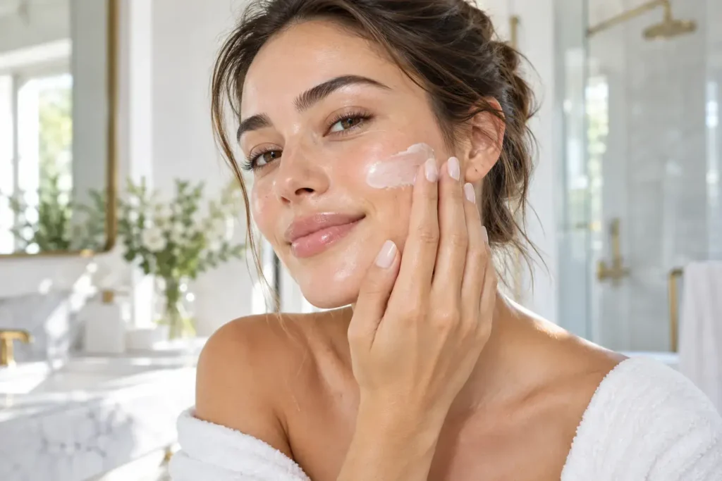 A close-up of a person applying a lightweight moisturizer to their face in a bright, airy bathroom, fresh and dewy skin finish, no identifiable branding.