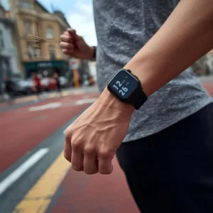 a black wrist watch on a man wearing gray short running. a red running track is blurred in the background.