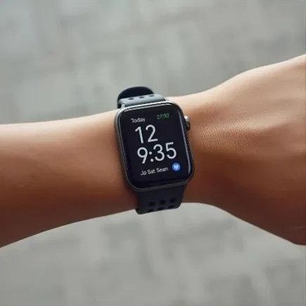Arm with a smart watch on it presenting time of 9:35 and date of 12.
