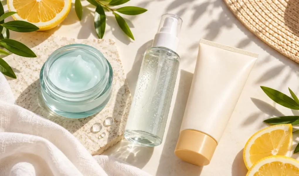 A flat lay of lightweight skincare products, a gel-cream moisturizer, a sunscreen tube, and a facial mist, on a bright summery background with soft natural light, no identifiable brand logos.yes or no to switching your skincare routine for summer featured image.