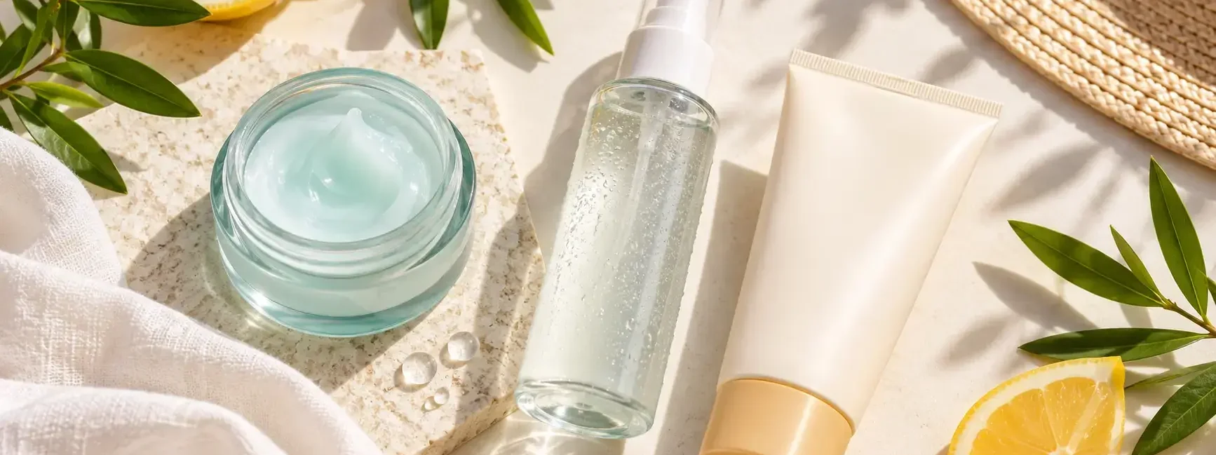 A flat lay of lightweight skincare products, a gel-cream moisturizer, a sunscreen tube, and a facial mist, on a bright summery background with soft natural light, no identifiable brand logos.yes or no to switching your skincare routine for summer featured image.