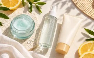 A flat lay of lightweight skincare products, a gel-cream moisturizer, a sunscreen tube, and a facial mist, on a bright summery background with soft natural light, no identifiable brand logos.yes or no to switching your skincare routine for summer featured image.