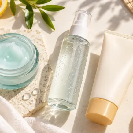 A flat lay of lightweight skincare products, a gel-cream moisturizer, a sunscreen tube, and a facial mist, on a bright summery background with soft natural light, no identifiable brand logos.yes or no to switching your skincare routine for summer featured image.