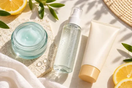 A flat lay of lightweight skincare products, a gel-cream moisturizer, a sunscreen tube, and a facial mist, on a bright summery background with soft natural light, no identifiable brand logos.yes or no to switching your skincare routine for summer featured image.