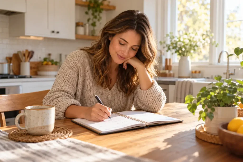 A person sitting at a kitchen table on a calm Sunday afternoon writing in a planner, relaxed and realistic, warm natural light, no identifiable branding.