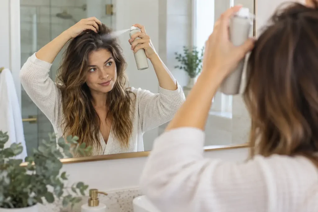A person spraying dry shampoo at their roots in a bathroom mirror, casual and realistic, soft natural light, no identifiable branding.