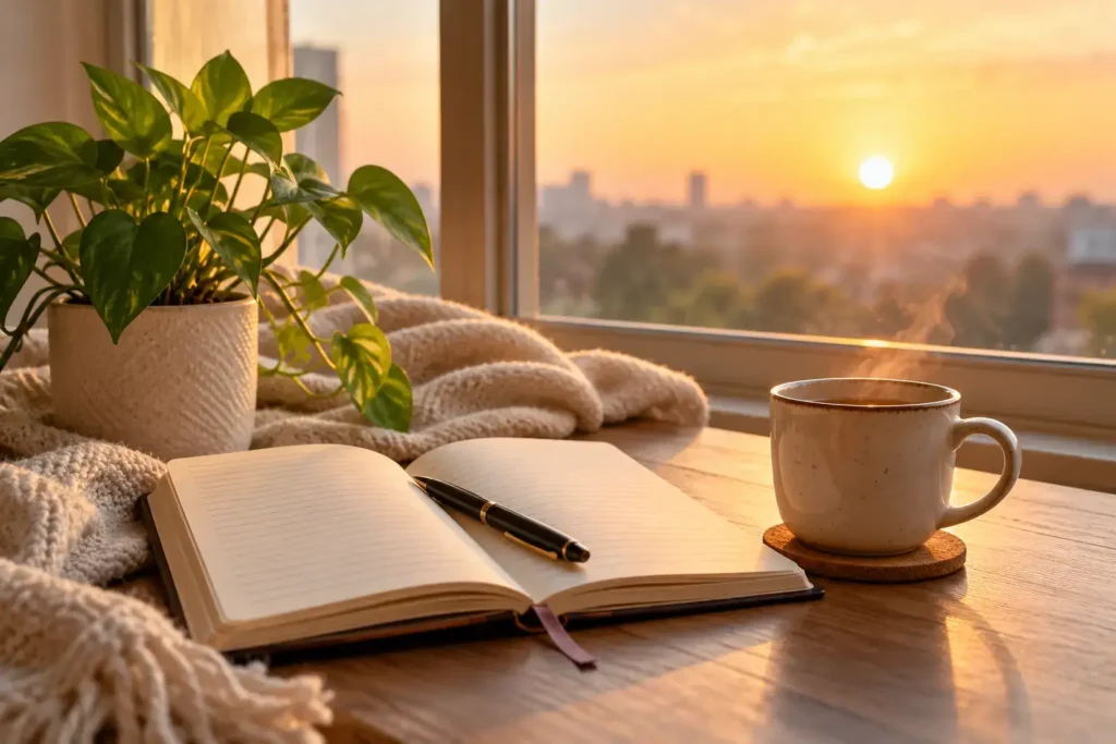 Peaceful morning routine featuring an open journal, a warm cup of tea, and a green plant beside a sunrise-lit window, illustrating the 5 AM Club lifestyle. Yes vs No.