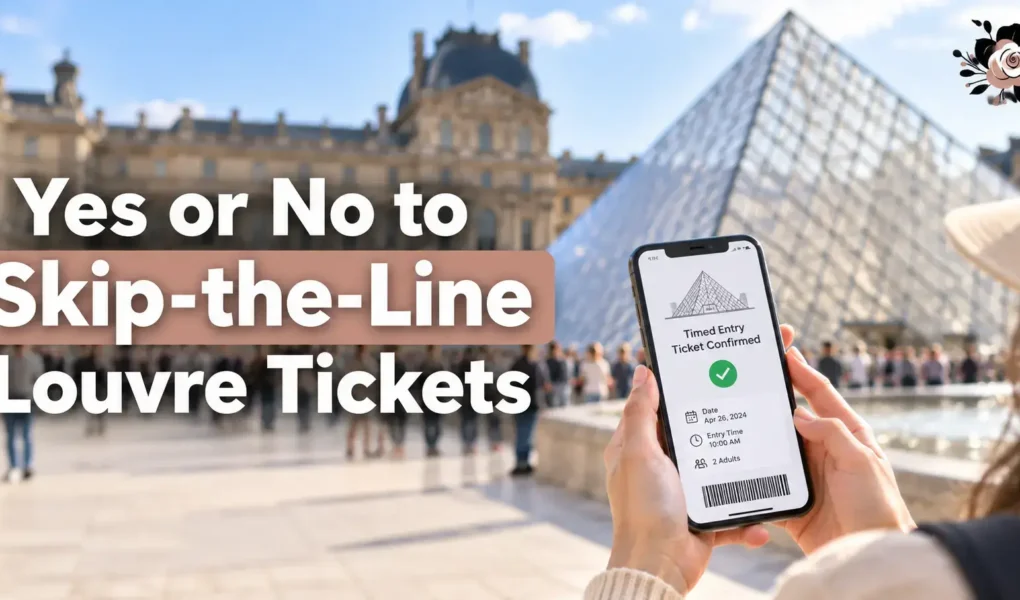 raveler holding a smartphone displaying a confirmed timed-entry ticket in front of the Louvre Pyramid in Paris, with the title Yes or No to Skip-the-Line Louvre Tickets.