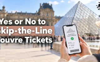 raveler holding a smartphone displaying a confirmed timed-entry ticket in front of the Louvre Pyramid in Paris, with the title Yes or No to Skip-the-Line Louvre Tickets.