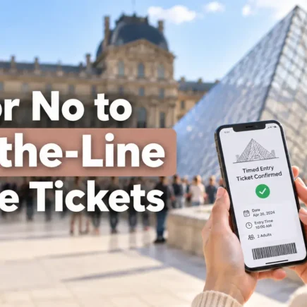 raveler holding a smartphone displaying a confirmed timed-entry ticket in front of the Louvre Pyramid in Paris, with the title Yes or No to Skip-the-Line Louvre Tickets.