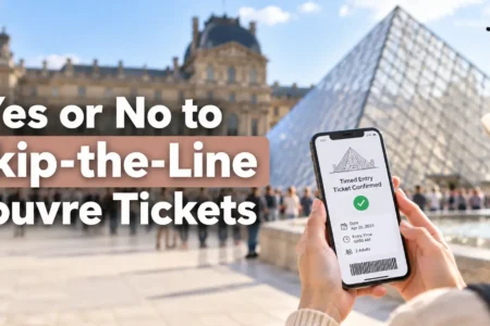 raveler holding a smartphone displaying a confirmed timed-entry ticket in front of the Louvre Pyramid in Paris, with the title Yes or No to Skip-the-Line Louvre Tickets.