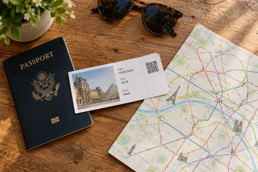 Overhead flat-lay of a passport, printed Louvre timed-entry ticket, and Paris metro map arranged on a wooden table in soft natural light, illustrating Louvre ticket planning.