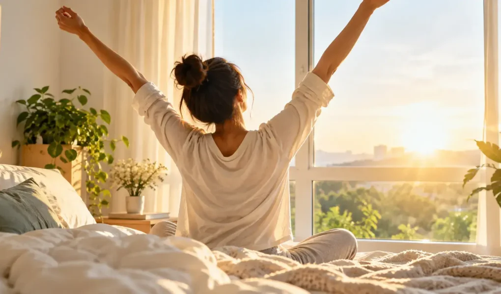 A person stretching by a sunlit window in the early morning, warm natural light, calm and energized mood, no identifiable branding.becoming a morning person night to morning transition.