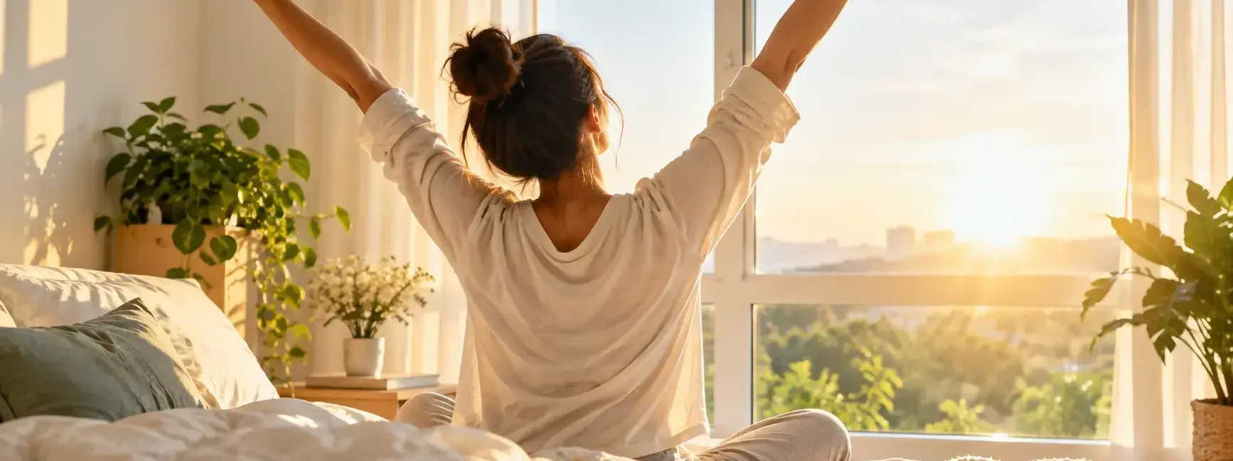 A person stretching by a sunlit window in the early morning, warm natural light, calm and energized mood, no identifiable branding.becoming a morning person night to morning transition.