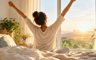 A person stretching by a sunlit window in the early morning, warm natural light, calm and energized mood, no identifiable branding.becoming a morning person night to morning transition.