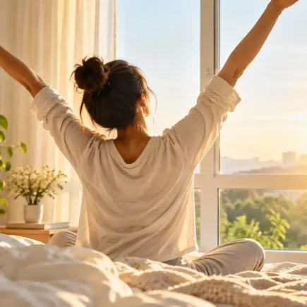 A person stretching by a sunlit window in the early morning, warm natural light, calm and energized mood, no identifiable branding.becoming a morning person night to morning transition.