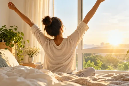 A person stretching by a sunlit window in the early morning, warm natural light, calm and energized mood, no identifiable branding.becoming a morning person night to morning transition.