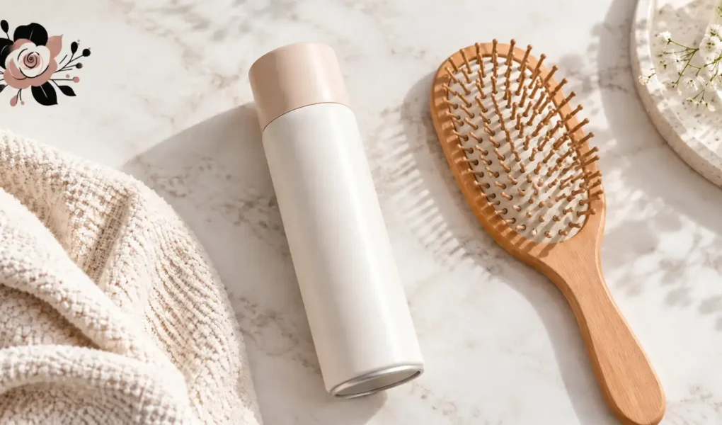 A clean, simple flat-lay of a dry shampoo can or powder bottle next to a hairbrush, bright and modern, no identifiable branding or logos.yes or no to dry shampoo featured image.