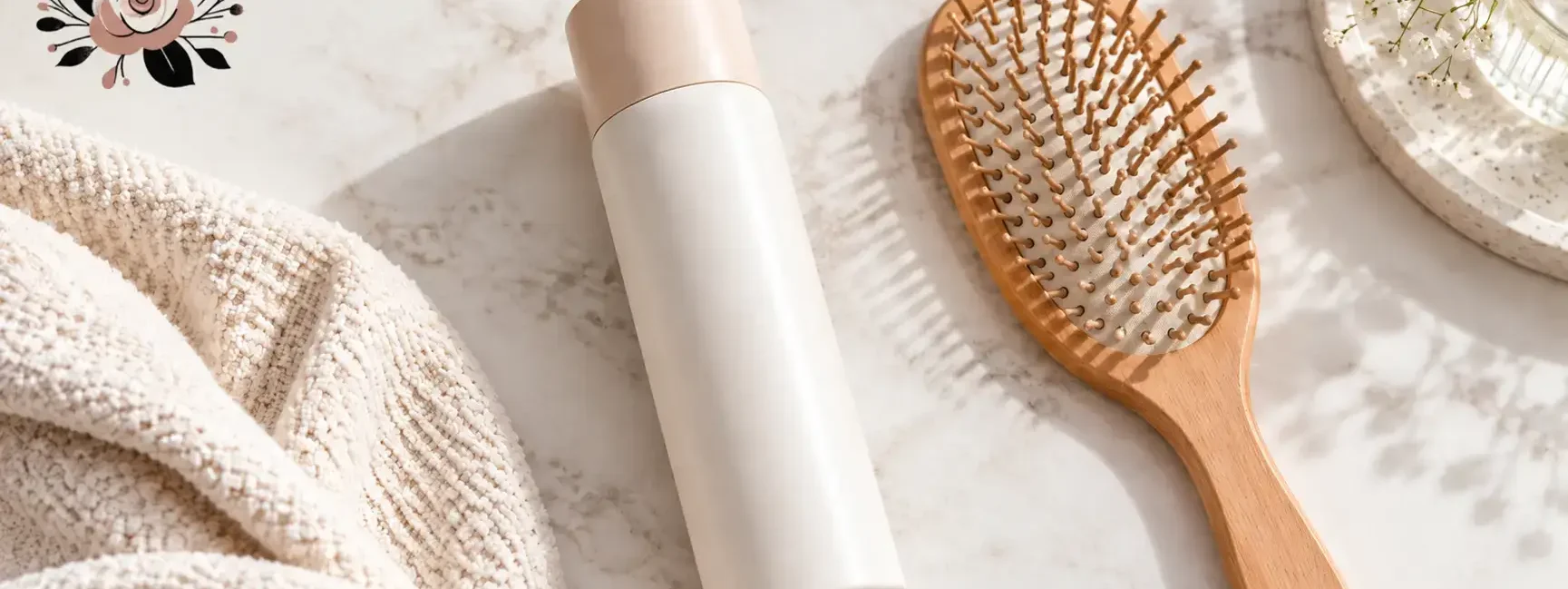 A clean, simple flat-lay of a dry shampoo can or powder bottle next to a hairbrush, bright and modern, no identifiable branding or logos.yes or no to dry shampoo featured image.