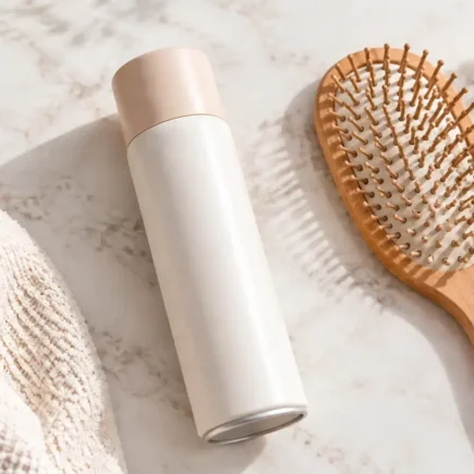 A clean, simple flat-lay of a dry shampoo can or powder bottle next to a hairbrush, bright and modern, no identifiable branding or logos.yes or no to dry shampoo featured image.