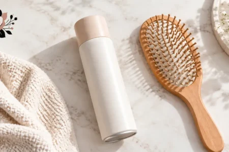 A clean, simple flat-lay of a dry shampoo can or powder bottle next to a hairbrush, bright and modern, no identifiable branding or logos.yes or no to dry shampoo featured image.