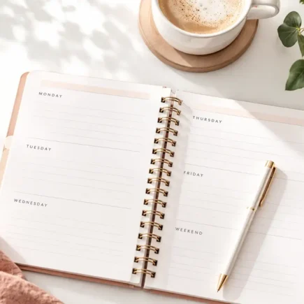 A clean, simple flat-lay of an open weekly planner with a pen resting on it, soft natural light, bright and modern, no identifiable branding or logos.yes or no to planning your week on sunday featured image.
