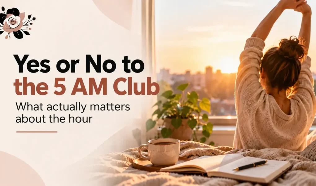 Yes or No to the 5 AM Club – Woman stretching by a sunrise-lit window with a journal and coffee, exploring what actually matters about waking up early. Yes vs No.