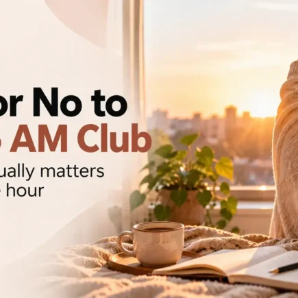 Yes or No to the 5 AM Club – Woman stretching by a sunrise-lit window with a journal and coffee, exploring what actually matters about waking up early. Yes vs No.